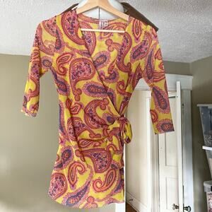 Sweet pea Y2K paisley mesh wrap top yellow pink vintage Pheobe Buffet